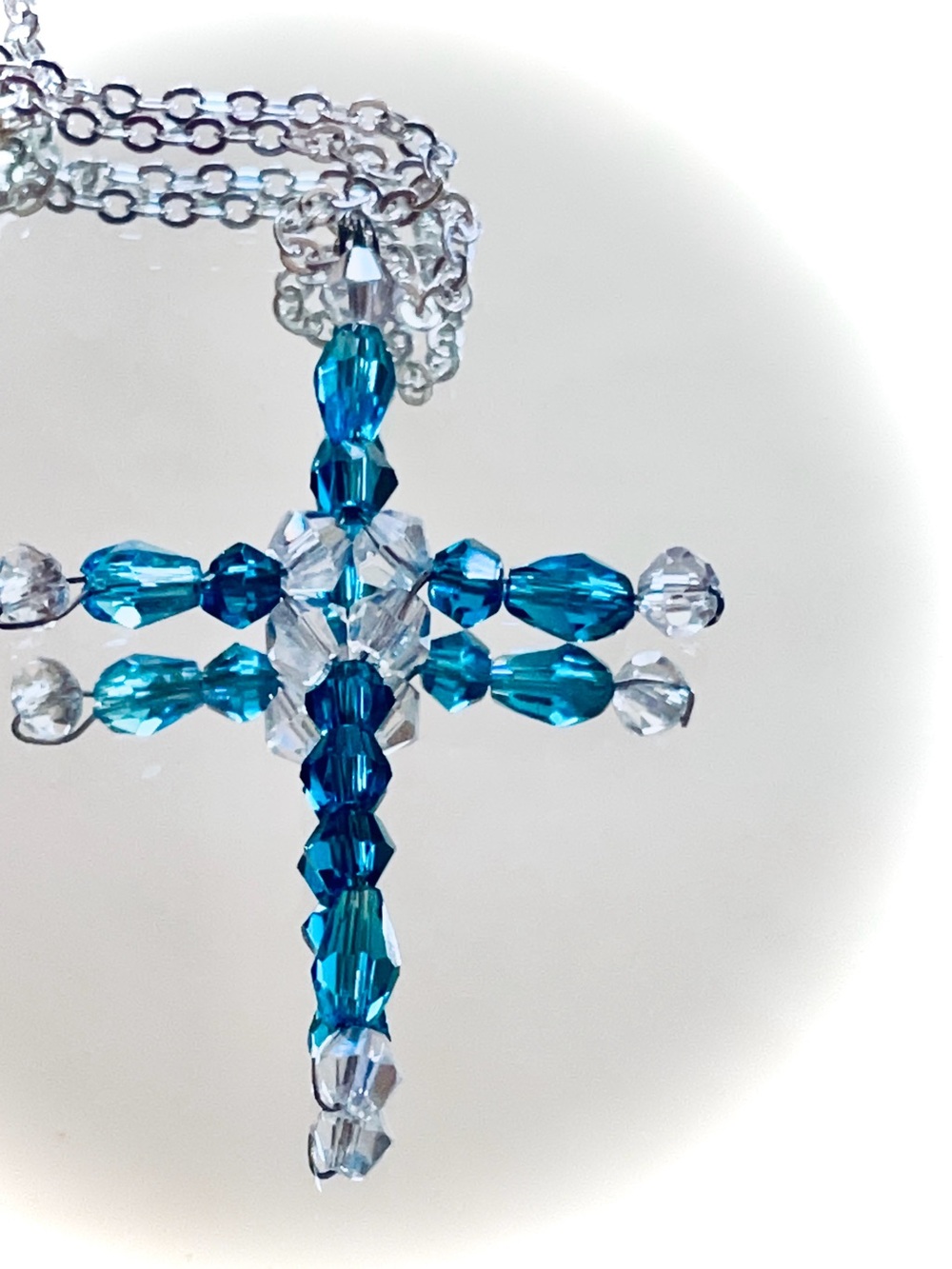Aqua blue Crystal Bead Cross Pendant Necklace silver chain